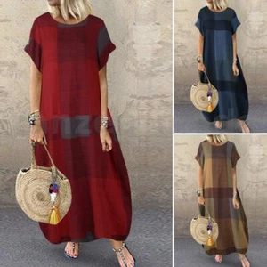 UK Women Summer Short Sleeve Casual Loose Long Maxi Dress Holiday Beach Sundress - Picture 1 of 9