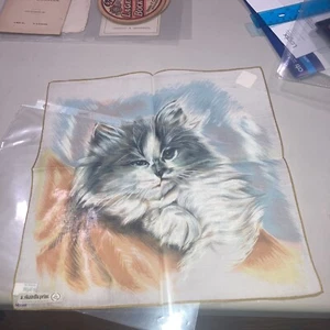 New With Tag vintage 1963 Kitten A. Skandia Handkerchief  gray yellow white - Picture 1 of 5