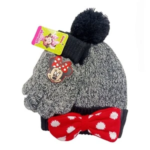 Disney Minnie Mouse Black Heather Beanie Hat & Gloves Set-Ages 8-16 - Picture 1 of 4