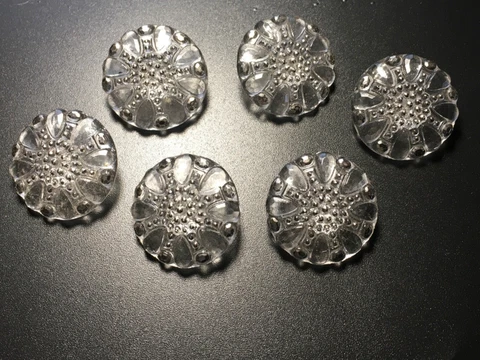 Antique LACY Buttons Glass Set of SIX Silver Design on Clear Full Shank Lovely Cover