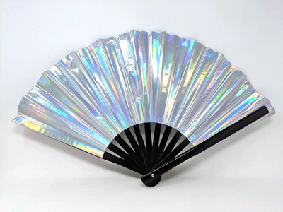 Silver Large Folding Hand Rave Fan Large Holographic Bamboo - Image 1 of 4