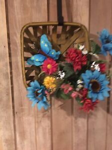 Floral Wreath Tobacco Basket Red Blue Silk Flowers 12” Square