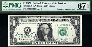 1974 $1 Boston *AUTOGRAPH* Federal Reserve Note FRN • 1908-A • PMG 67 EPQ - Picture 1 of 2
