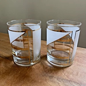 Two Culver Double Rocks Glasses Frosted Gold Signed Geometric MCM Mad Men - Picture 1 of 4
