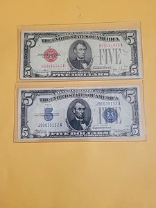 5 Dollar Bill(  2 Bills )One With Red Seal  And One With Blue Seal - Picture 1 of 4