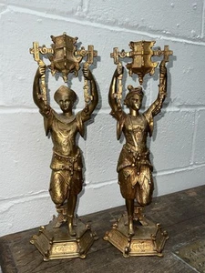 UNUSUAL PAIR OF ANTIQUE GILT BRONZE ORIENTALIST CANDLESTICKS - Picture 1 of 24