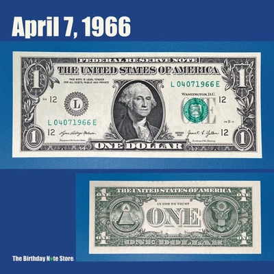 April 7, 1966 Birthday Anniversary $1 One Dollar Bill Serial Number 04071966 - Image 1 of 2