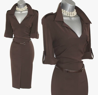 Karen Millen UK 12 Dark Brown Jersey Collar Neck Shirt Casual Formal Dress EU 40 - Image 1 of 4