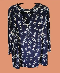 DR2 All Over Bird Print Blouse 2XL Navy Blue Sparrows V Neck 3/4 Sleeve Tunic - Picture 1 of 9