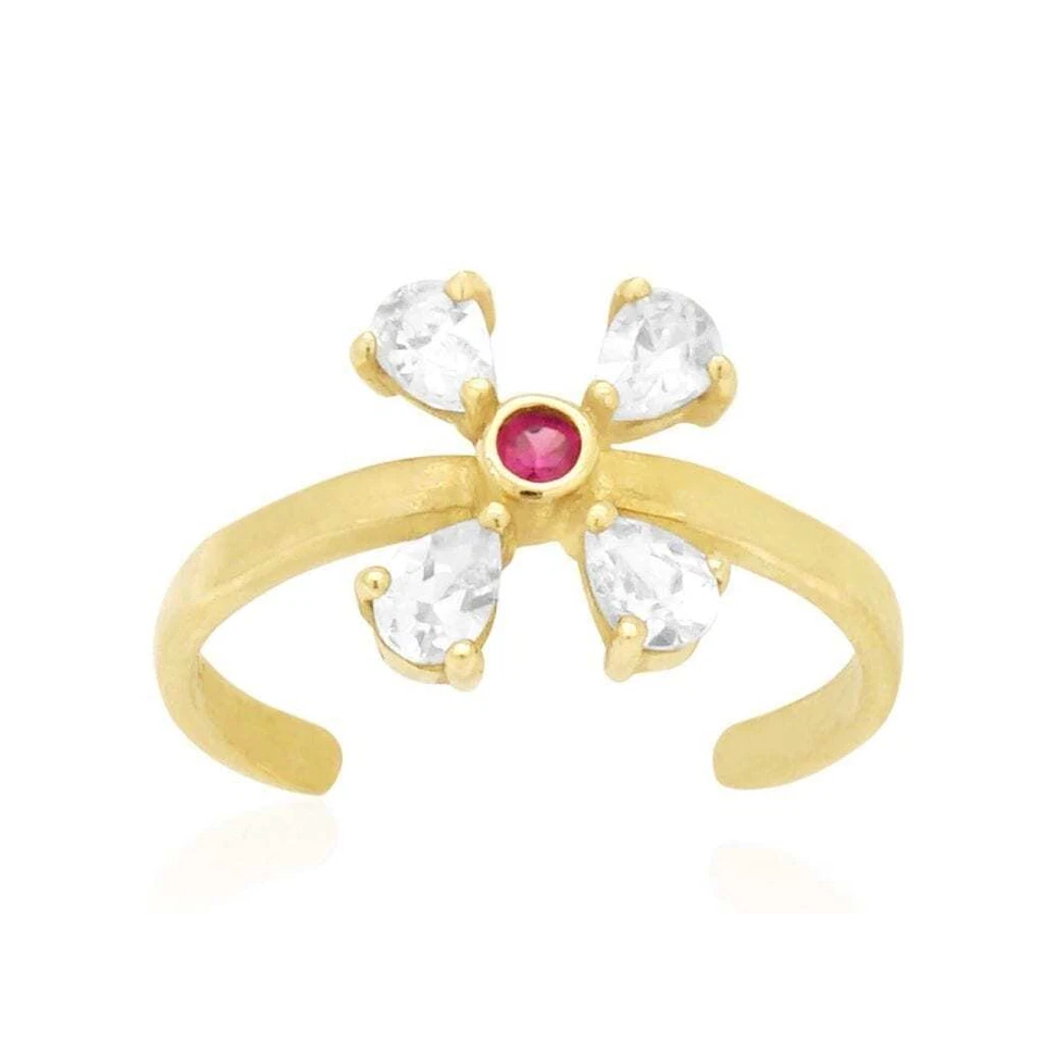 14K Yellow Gold White Prong Pear Simulated White Diamond Ruby Toe Ring - Image 1 of 4