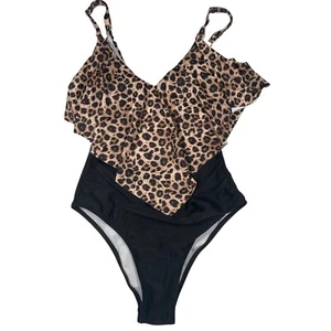 Leopard Ruffle One Piece Swimsuit Womens Size Medium High Waist Tummy Control - Picture 1 of 3