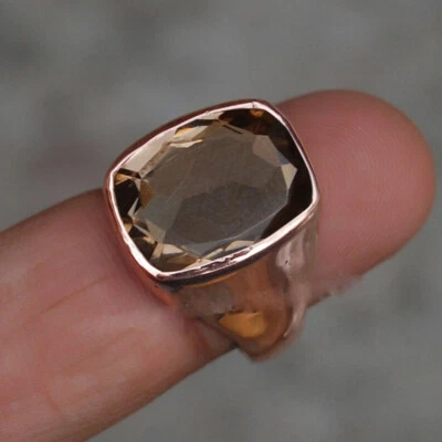 Anel masculino de prata esterlina 925 sólido marrom natural quartzo fumê pedra preciosa sinete - Imagem 1 de 4