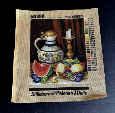 VTG#59380 Rico-Gobelin Still Life Melon Needlepoint Canvas 12" x 15 "-W. Germany - Image 1 of 4
