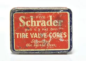 VINTAGE SCHRADER TIRE VALVE CORES WITH 3 STEMS AND WRENCH TOOL ADVERTISING TIN - Picture 1 of 4