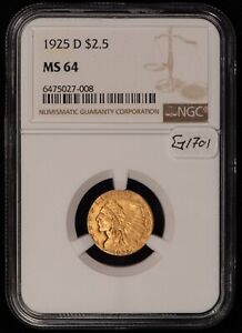1925-D G$2.50 Indian Head Gold Quarter Eagle - Strong Luster - NGC MS 64 - G1701