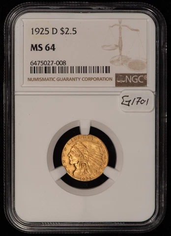1925-D G$2.50 Indian Head Gold Quarter Eagle - Strong Luster - NGC MS 64 - G1701 Cover