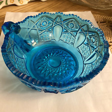 Vintage LE Smith Heritage Aqua Blue Glass Handled Bowl Nappy Dish 5.5"