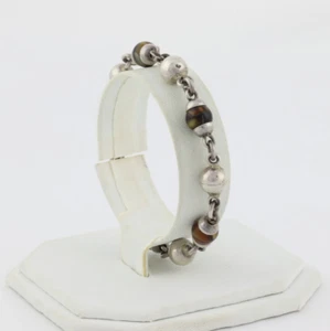 Sterling Silver Tiger's Eye Bead Bracelet Vintage Taxco Mexico 7 1/4" inch - Picture 1 of 8