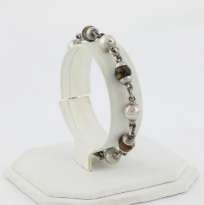 Pulsera de plata esterlina ojo de tigre cuentas vintage Taxco México 7 1/4" pulgadas Foto 1 de 4