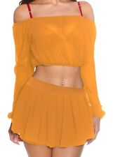 Chiffon Golden Yellow Bardot Top & pleated Skit Two piece outfit Beach Wear C45