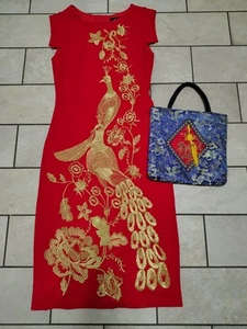 Abito midi vintage anni 90 Carole Little rosso e oro senza maniche taglia small pavone - Foto 1 di 6