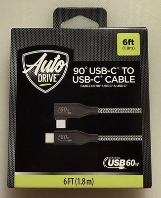 自动驱动器 ~ 90° USB C 转 USB C ~ 60W 快速充电 ~ 编织电缆 6 英尺 ~ 灰色 — 第 1/2 张图片