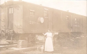 Vintage RPPC Lady With Bulldog Caboose Railroad House Real Photo Postcard 1910s - Picture 1 of 2