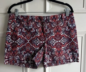 Kenar Women's Red Blue Paisley Chino Flat Front Cotton Stretch Shorts Size 10 - Picture 1 of 6
