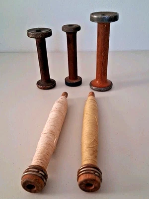 5 Wooden Spools/Bobbins Industrial  Mill Textiles Vintage - Image 1 of 4