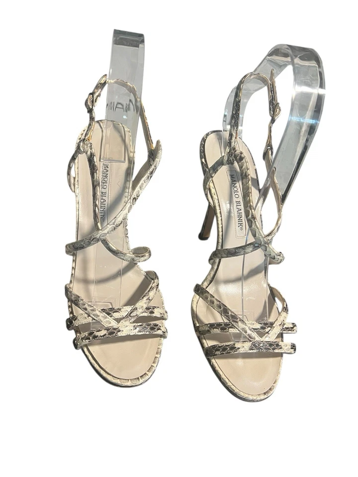 Manolo Blahnik Mujer Cuero Piel de Serpiente Pitón Tirantes Mumbi Tacones Talla 38 US7.5 Foto 1 de 4