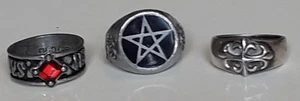 x3 Gothic Pewter Rings x2 Alchemy Gothic 1993 Roseus Pentagram & Red Gem Rings - Picture 1 of 15