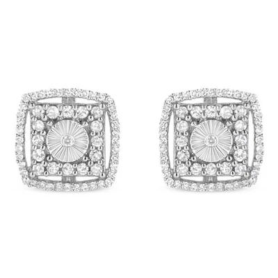 1.0 Carat Round-Cut Real Diamond Halo and Disc Stud Earrings in Sterling Silver - Image 1 of 4
