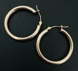 Estate Solid 10K Yellow Gold Classic Tube Hoop Earrings 28mm (1.1") - Picture 1 of 18