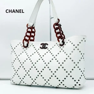 CHANEL Mini Tote Bag White Punching Leather Coco Mark Logo Shoulder Authentic - Picture 1 of 15