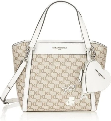 Karl Lagerfeld Paris Iris Medium Tote Bag Khaki Bright White Heart Pouch NWT - Image 1 of 4