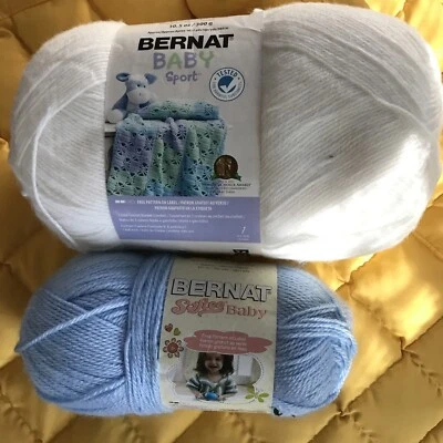 Bernat Baby Yarn Softe Sport White Pale Blue 100% Acrylic #3 Light Yarn Lot of 2 - Image 1 of 4