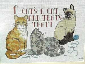 Finished Counted Cross Stitch 3 Cats "A CAT'S A CAT" 14 3/4" X 10 3/4" Tabby - Picture 1 of 6