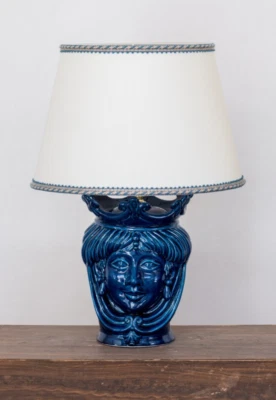 Table Lamps Nightstand Light Moor's Head Blue Ceramic Abat Jour - Image 1 of 4