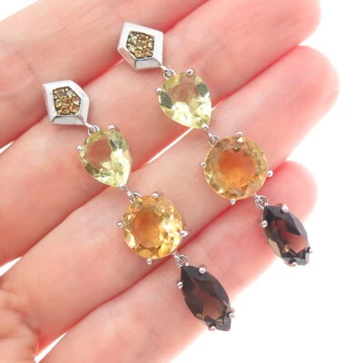 925 Sterling Silver Real Yellow & Green Topaz Smoky Quartz Dangle Earrings - Image 1 of 4