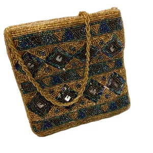 Vtg 50 60’s Gold Blue CARNIVAL GLASS Beaded Bag GEOMETRIC Purse Evening Satchel - Picture 1 of 9
