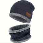 Fleece Lined Pull on Hat and Neck Warmer/Scarf Set Navy/Grey Unisex One Size New