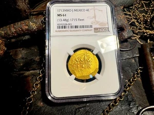 1715 FLEET MEXICO part DATED 1713 4 ESCUDOS NGC 61 PIRATE GOLD COINS TREASURE - Picture 1 of 22