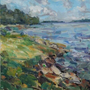 Arte Original Pintura al Óleo RM Mortensen "Línea de la Orilla" Paisaje Marino Lago - Imagen 1 de 1
