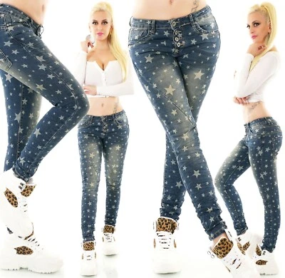 Damen Jeans Hose Röhrenjeans Skinny Knopfleiste Sternen Stars Print XS S M L XL - Bild 1 von 4
