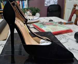 ANNE MICHELLE SIZE 9 BLACK JENNAH CHAIN T-STRAP HEELS - Picture 1 of 5
