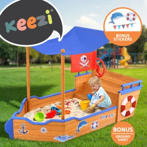 Keezi Kids Sandpit Outdoor Toys Wooden Play Sand Pit Box Boat Canopy Children - Picture 1 of 8