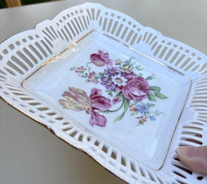 Vintage BJL German Floral Dish Hand Painted Reticulated Porcelain Square 7.75 in - Picture 1 of 9