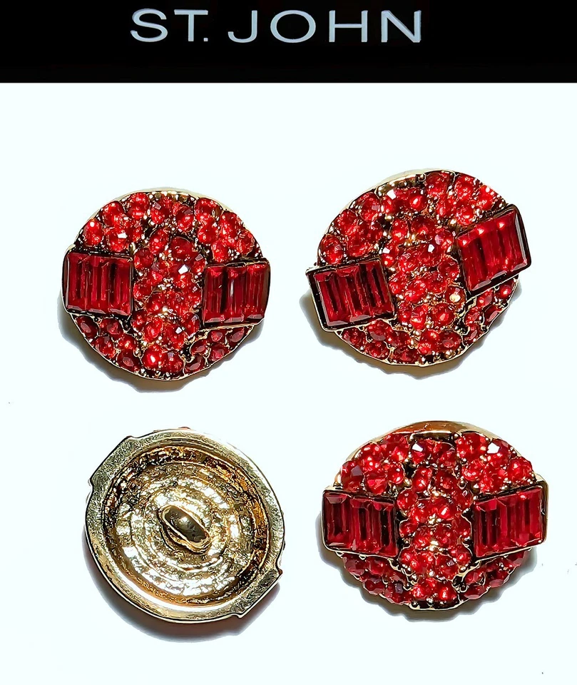 St John Knits Round Gold Tone Ruby Red Crystal Buttons  - Image 1 of 1
