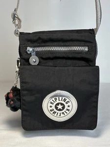 Kipling Neu Eldorado Umhängetasche Nylon schwarz & silber mit Affe Schlüsselanhänger SEHR GUTER ZUSTAND - Bild 1 von 21