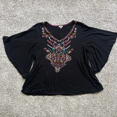 Blusa negra para mujer talla 1X azteca floral bordada cuello en V manga larga acampanada Foto 1 de 4